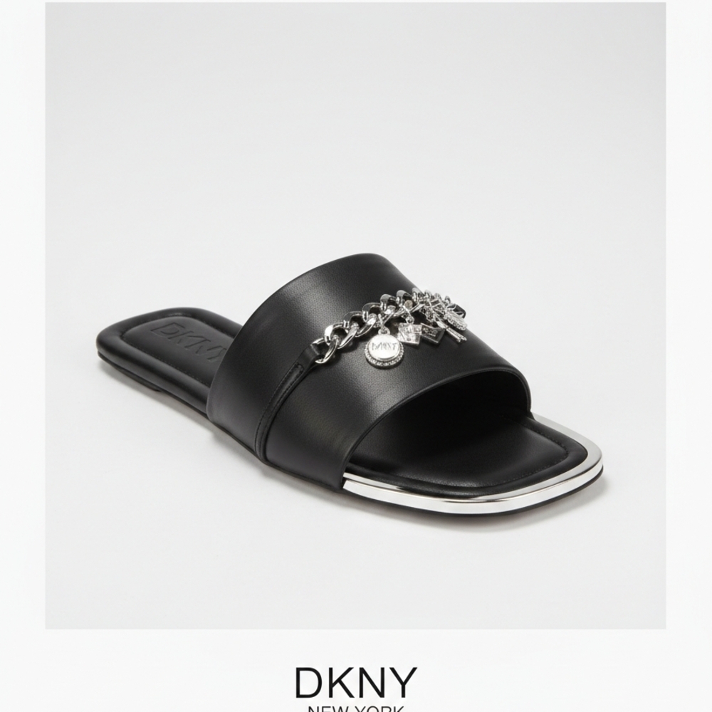 DKNY Women's Black Leather Holden Charms Flat Sandals Size 8 - Picture 4 of 8